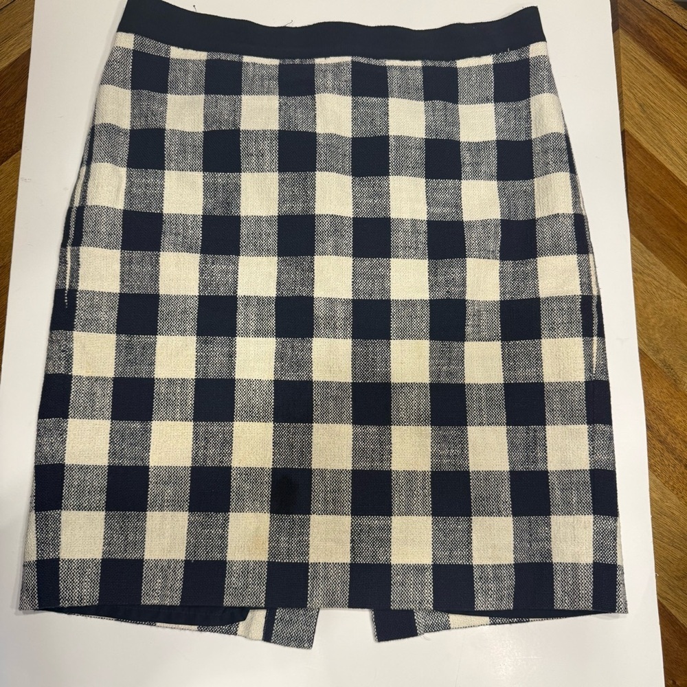 J. Crew The Pencil Skirt Navy and Cream Checkered cotton linen blend skirt lined